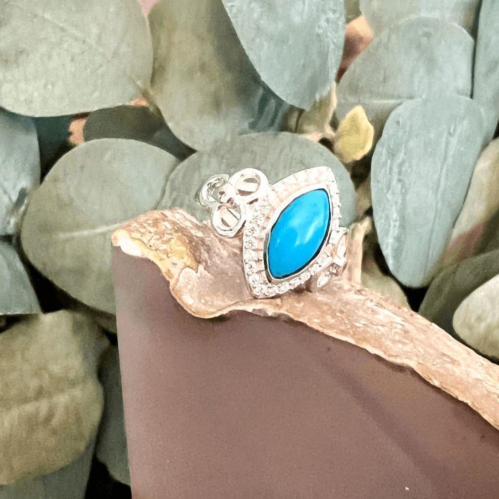 #013 Marquise Syn Turquoise & Zircon Silver Ring Size 6.5